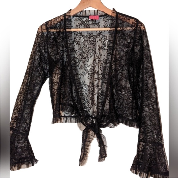 Betsey Johnson Black Lace Bell Sleeve Tulle Front Tie Waist Crop Blouse - Picture 2 of 16